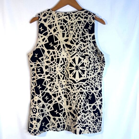 Susan Bristol Bold Black Tan Abstract Geo Print Linen Blend Tank Blouse Size LRG - Picture 2 of 6